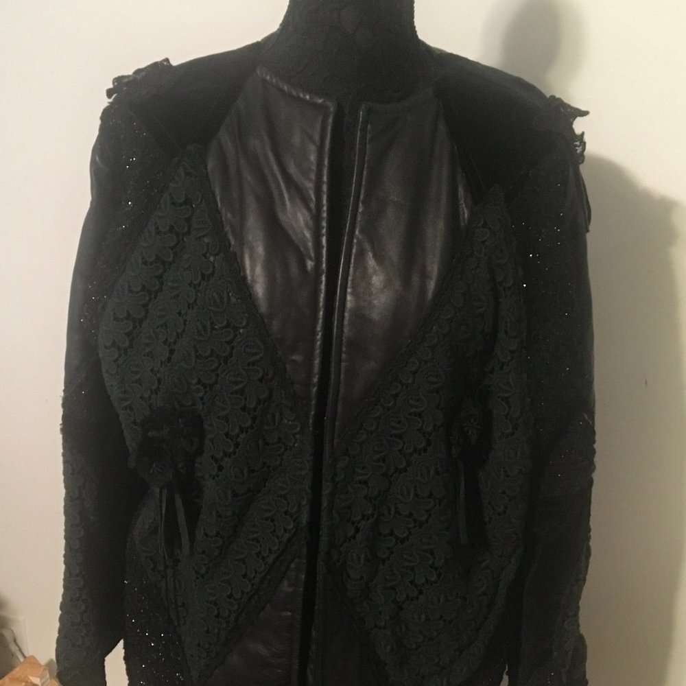 Leather Vintage Designer Long Black Jacket with velvet and lace Limited Edition